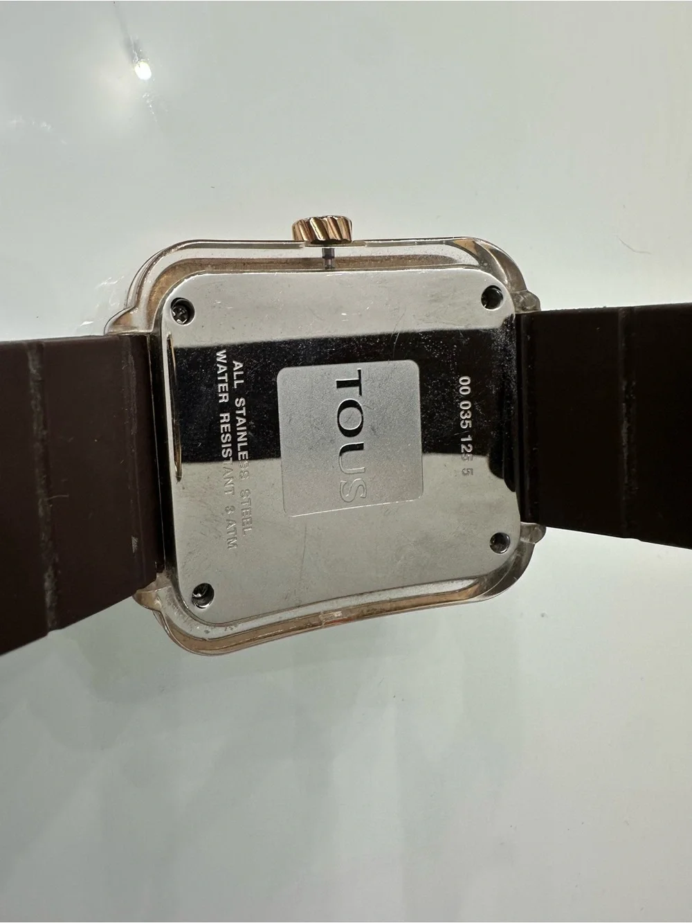 TOUS Rose Gold-Tone Square Watch with Brown Strap and Pink Box